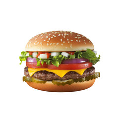 Juicy Cheeseburger with Sesame Seed Bun, Fresh Vegetables, and Pickles