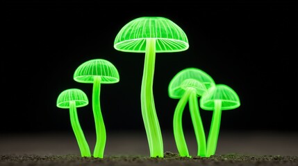 Glowing Neon Mushroom Group in Dark Environment Surrounded by Soft Light and Shadows
