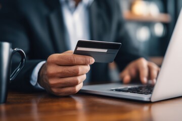Person holds credit card using laptop computer on wooden desk with mug.