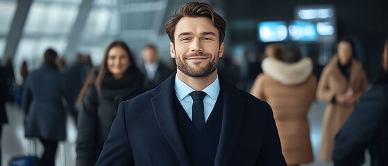 Confident businessman smiling at the airport, surrounded by travelers, showcasing professionalism and a positive attitude.