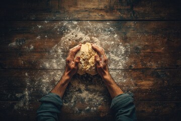 a pair of hands kneading dough on a flour-covered wooden table, natural warm tones, top-down view, rustic and cozy baking moment, authentic lifestyle food scene