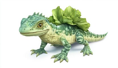 Obraz premium Whimsical Green Lizard With Lettuce Leaves On Its Back Digital Illustration