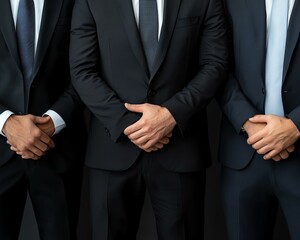 Three confident businessmen stand together, showcasing professionalism and teamwork in a corporate setting.