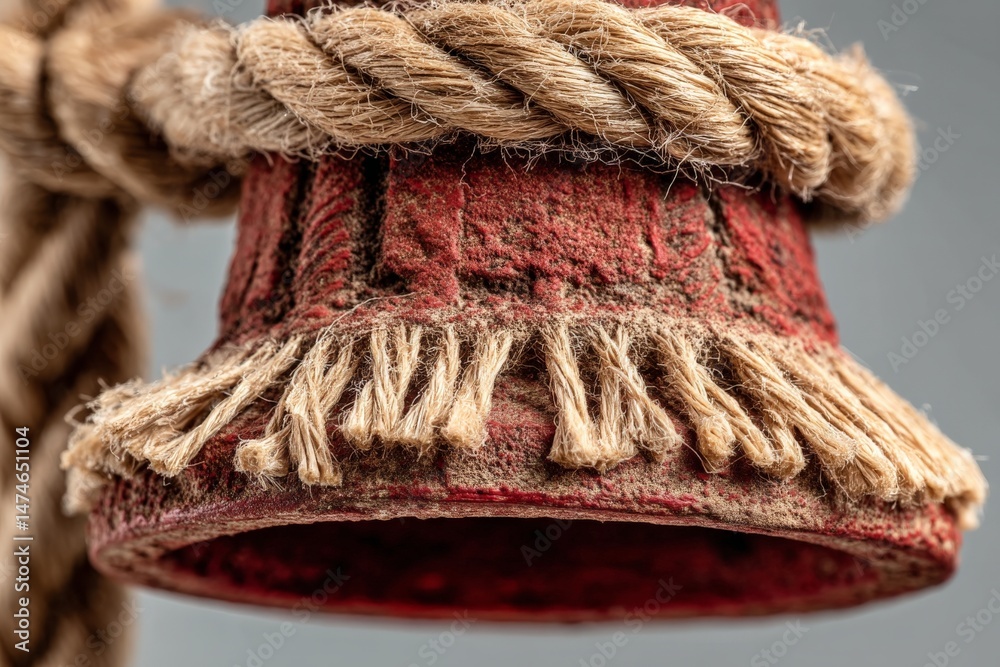 Poster detailed close-up of a rustic bell with twine in a natural setting captured during daylight