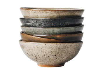 Stacked ceramic bowls, white isolated background
