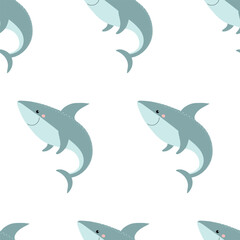 Seamless pattern with cartoon smiling sharks. Vector.	