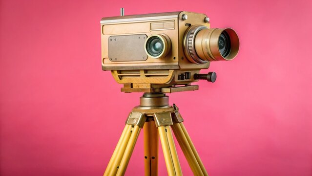 Vintage Style Photo: Modern Video Camera on Tripod, Isolated Background