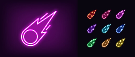 Outline neon meteorite icon. Glowing neon falling meteor with fire tail, fireball icon. Comet flight, space meteorite fly, fire asteroid, burning meteor with trail, falling star. Vector icon set © Дмитрий Майер