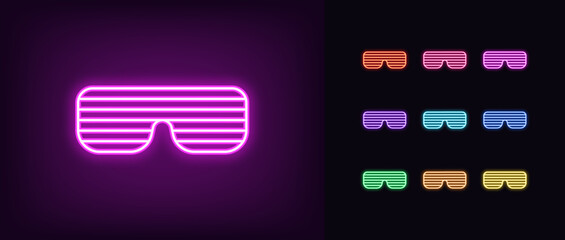 Outline neon shutter glasses icon. Glowing neon party sunglasses icon, retro style spectacles. Glamour club glasses, fashion sunglasses, party eyewear, disco style, dance eyeglass. Vector icon set