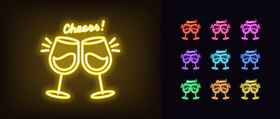 Outline neon cheers icon. Glowing neon wine glasses clink with text Cheers, celebrate holiday. Two wineglass clink, festive toast, birthday celebration, party fun with alcohol drinks. Vector icon set