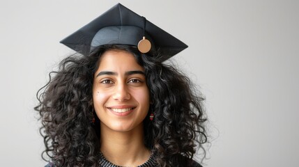 Smiling young indian female student in graduation cap celebrating academic achievement