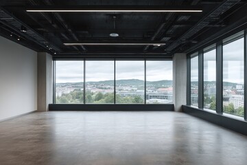 Obraz premium Empty modern office space with large windows overlooking a cityscape.