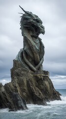 Obraz premium Dragon statue on rocky coast sea waves