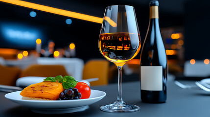 Naklejka premium Elegant Dining Experience Featuring Gourmet Food and Fine Wine in a Contemporary Restaurant Setting