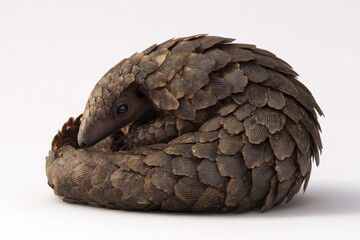 A pangolin curls into a tight ball, its scales forming a protective armor.