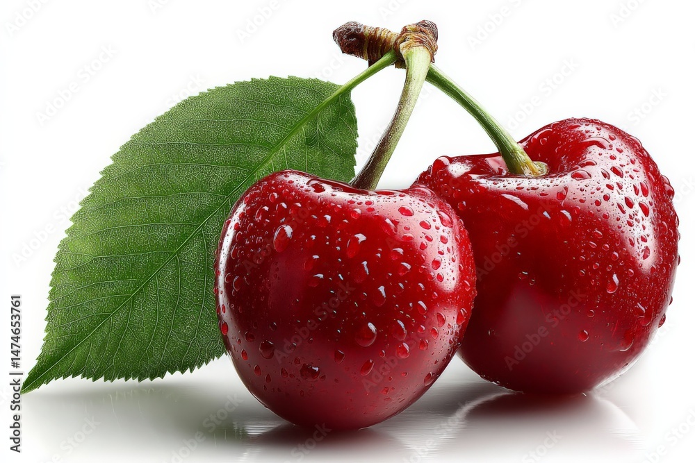 Aufkleber fresh ripe cherries with water droplets resting on green leaf captured in a bright setting