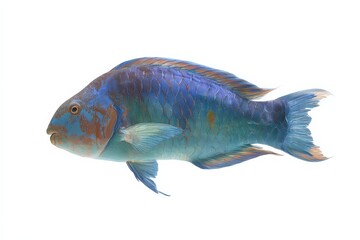 Vibrant blue parrotfish isolated on white background.