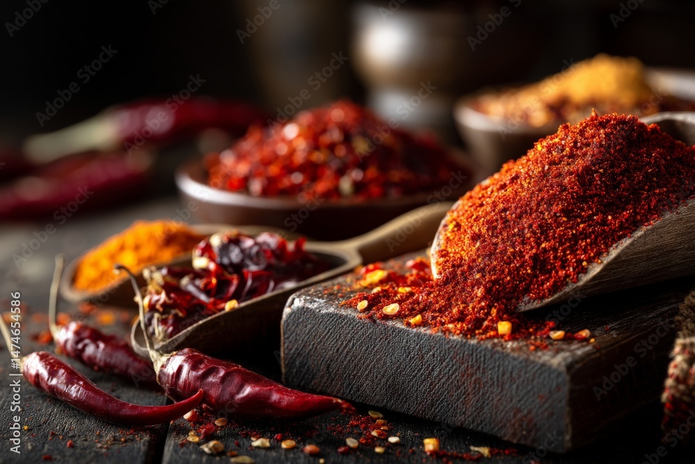 Aufkleber diverse assortment of spices displayed on wooden surfaces in a warm, rustic kitchen setting