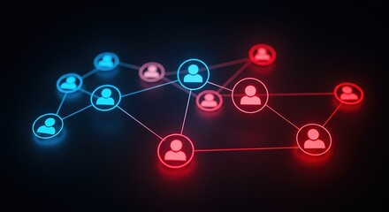 Glowing network connections illustrate linked people in vibrant red and blue hues against a dark backdrop