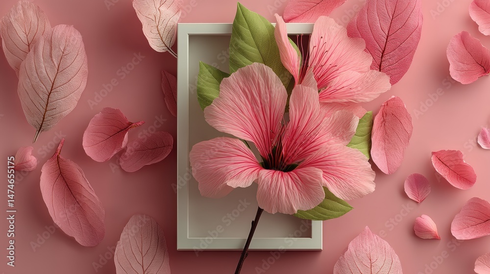 Aufkleber pink background with petals and empty frame for text generative ai,photo stocks