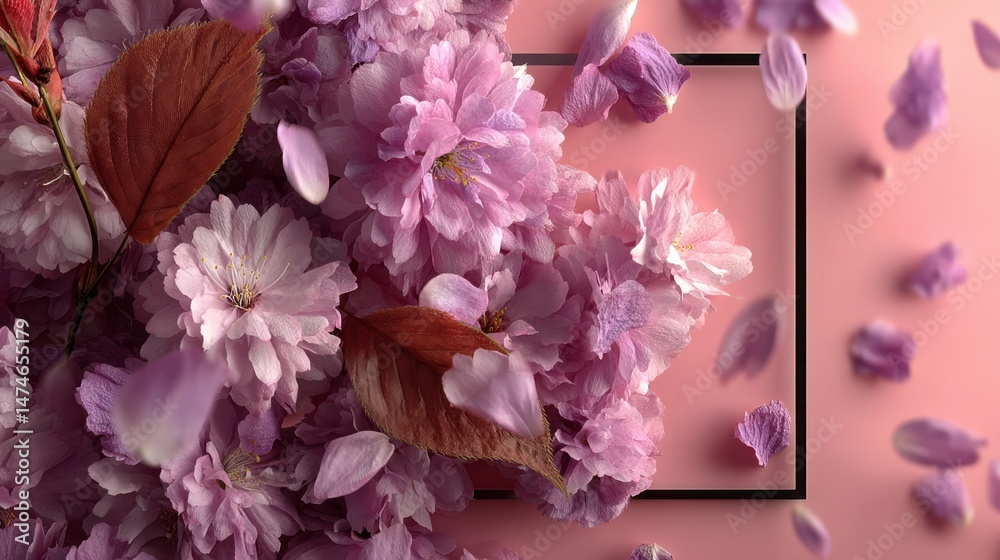 Aufkleber pink background with petals and empty frame for text generative ai,stock photo