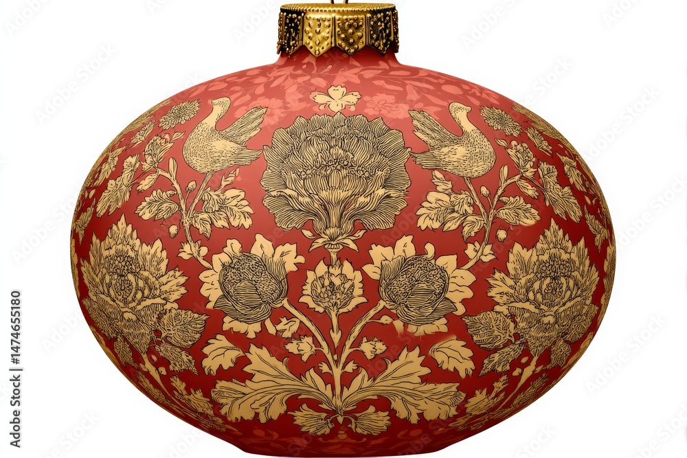 Poster intricate red decorative vase with golden floral and bird motifs displayed on a neutral background