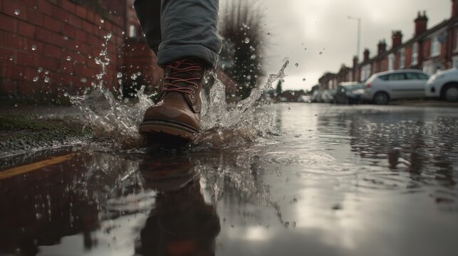 a ground level shot of a boot walking into a puddle of water in a street, water splashes showing downward force of the boot - Powered by Adobe