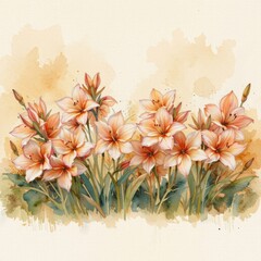 A delicate watercolor painting showcases a cluster of peach-colored lilies in full bloom against a soft, textured beige background creating a serene and elegant floral artwork