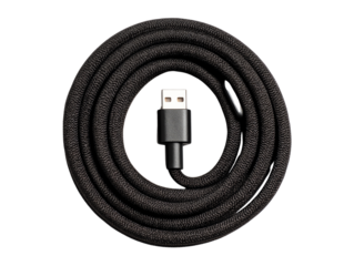 USB cable coiled neatly, white isolated background.