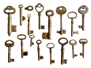 Various antique keys on white isolate background.