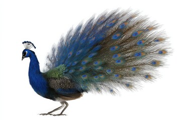 Fototapeta premium Vibrant peacock displaying its iridescent plumage against a white background.