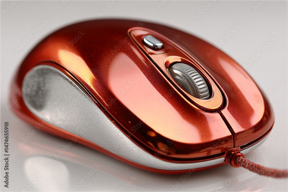 Poster Bright red computer mouse with silver accents resting on a smooth surface