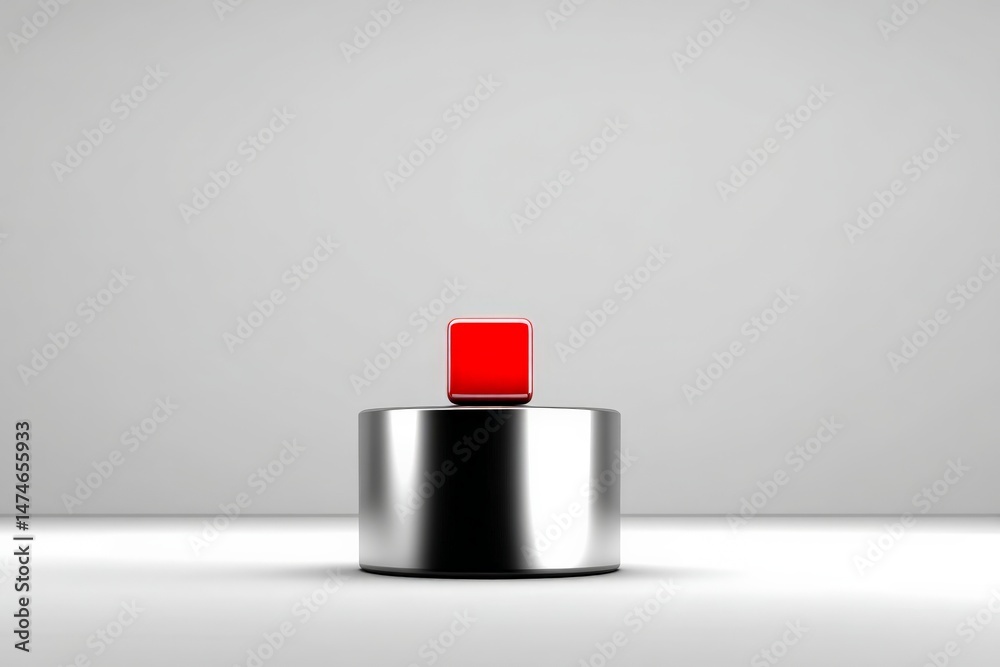 Leinwandbilder simple geometric composition featuring a red square atop a metallic cylinder against a neutral backg