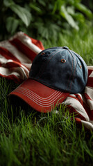 baseball cap with american flag on green drass, patriotism concept