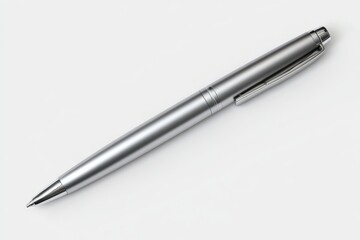 Sleek silver pen on a white background. Minimalist office supplies.