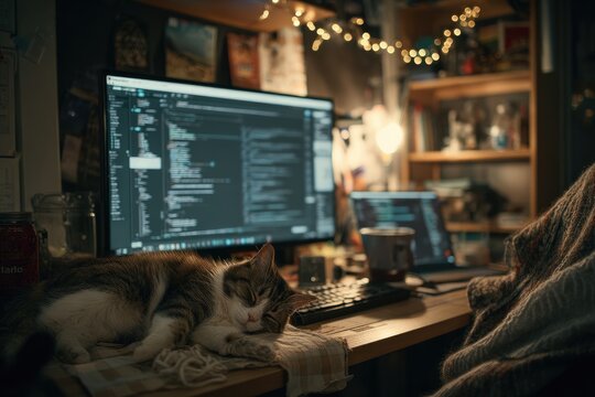 a Ukrainian freelance software developer working from a small cozy apartment, code on screen, cat sleeping nearby, realistic desk mess, nighttime light from laptop, storytelling photo