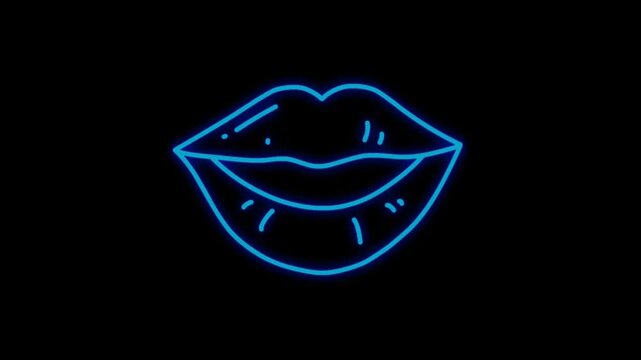 Animation blue neon light mouth shape on black background.