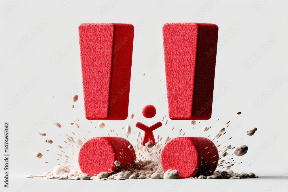 Poster Red exclamation marks with debris surround a figure in a captivating display of creativity and design during daylight hours