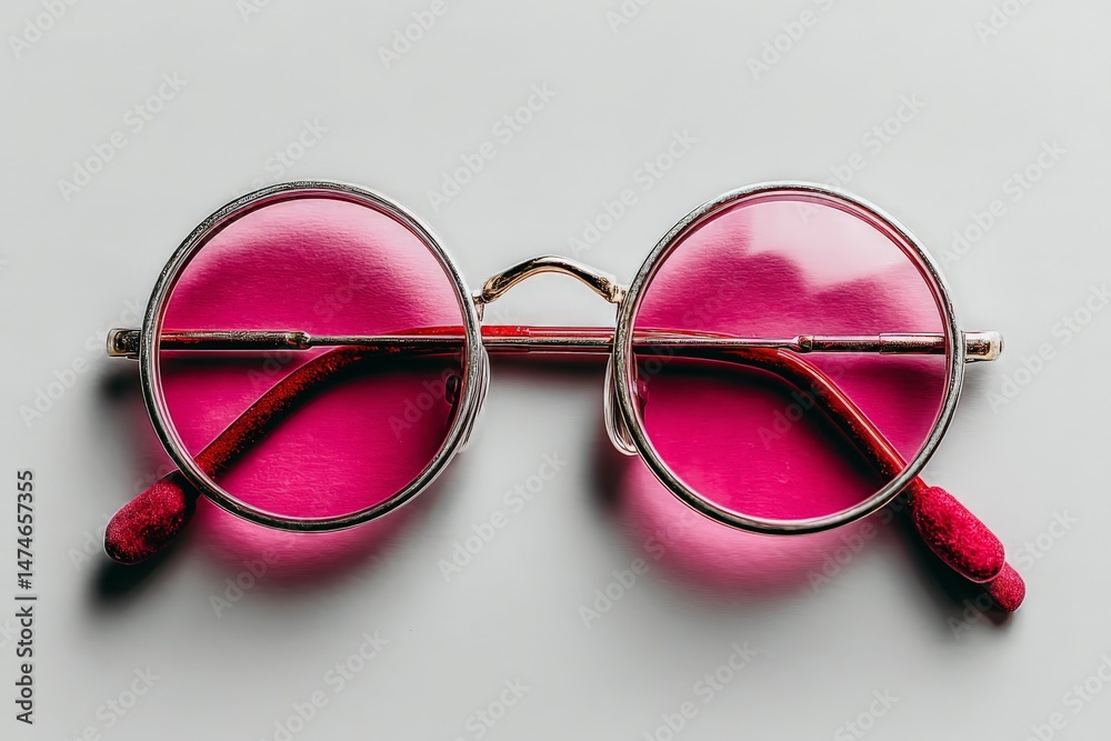 Poster creative pink sunglasses displayed on a neutral background with vibrant reflections highlighting the