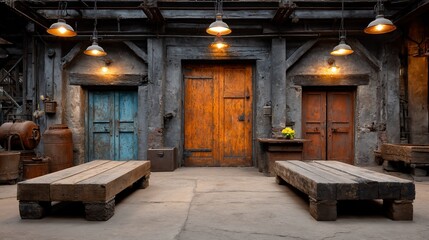 Dimly lit warehouse doors with wood benches and metal infrastructure overhead