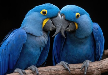 Obraz premium A pair of blue macaw parrots, sitting on a branch and kissing each other
