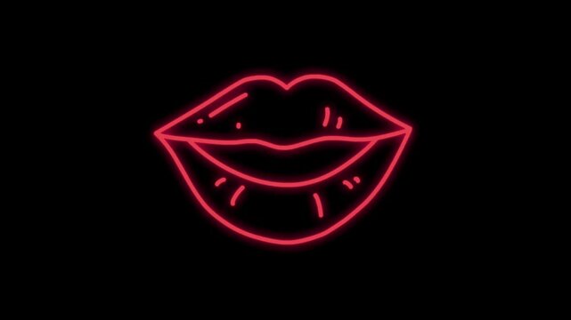 Animation red neon light mouth shape on black background.