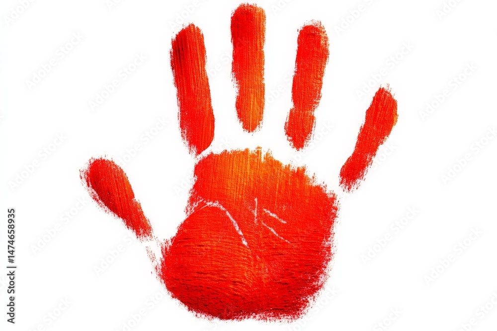 Poster handprint artwork displayed on a white background showcases bright orange paint and intricate textur