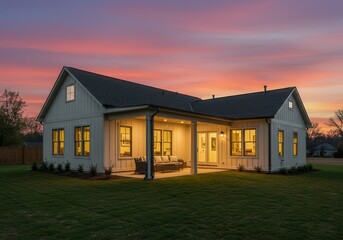 Back view of a white farmhouse with a covered patio at sunset with a colorful sky and green lawn