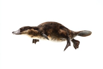 Obraz premium Platypus swimming underwater, isolated on white background. Dark brown fur, sleek body, and webbed feet are visible.