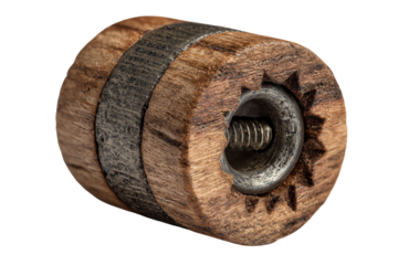 Wooden gear with metal screw, white isolate background