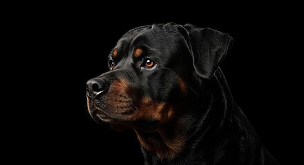 Obraz premium A close-up, dramatic profile view of a black Rottweiler head and upper neck against a deep black background.