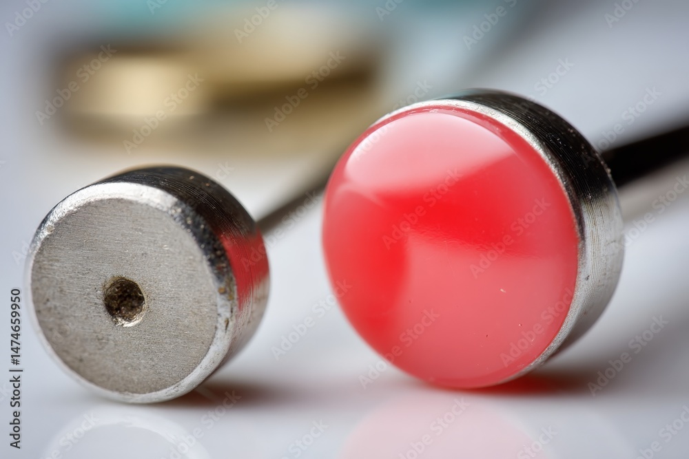 Aufkleber Close-up of a shiny red button and a metallic pin, showcasing modern design and craftsmanship in a creative workspace