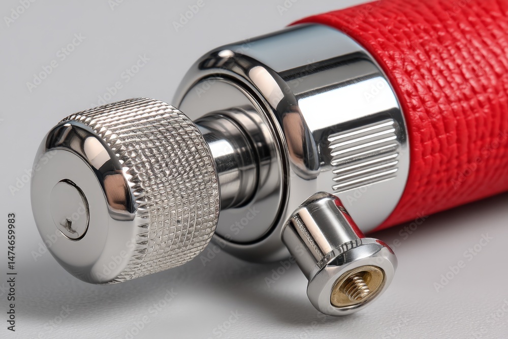 Poster Close-up view of a red textured tool showing its intricate metallic components during a detailed examination