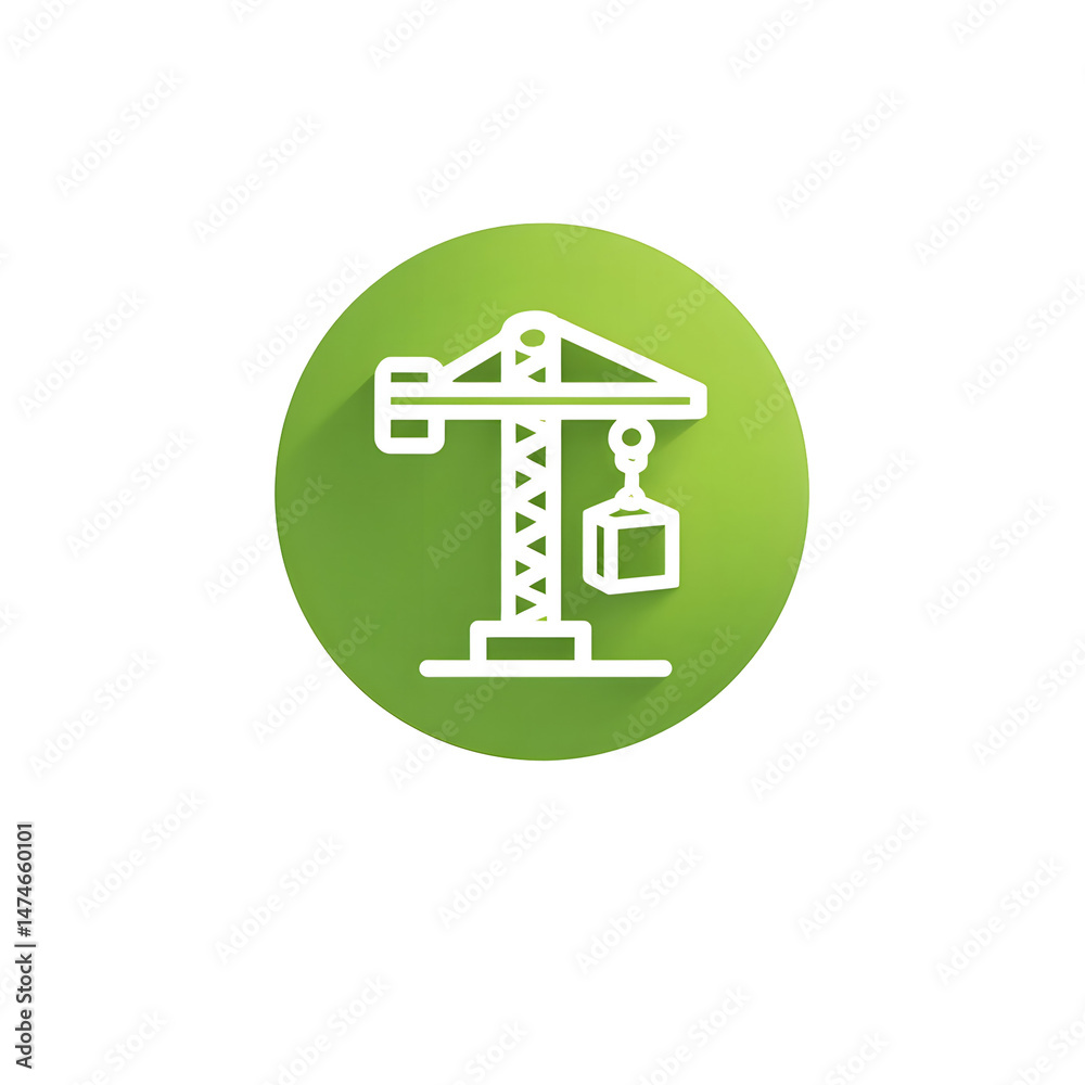 Aufkleber A simple glow white icon on a green circular background depicting a crane lifting a building block representing construction development and industrial progress